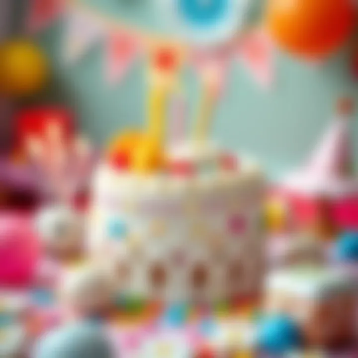 Decorative cake centerpiece surrounded by cheerful birthday elements.