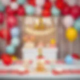 Elegant table setup for a first birthday celebration with balloons and colorful decorations.