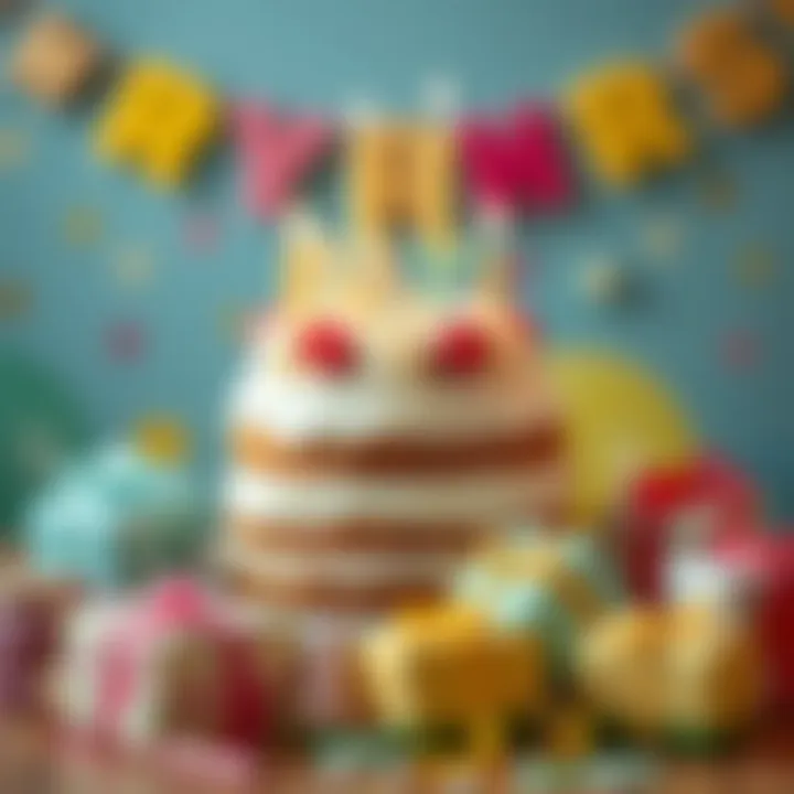 A beautifully arranged birthday cake surrounded by gifts