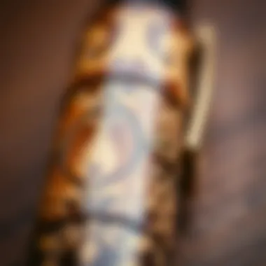 Close-up of intricate designs on a custom wooden pen