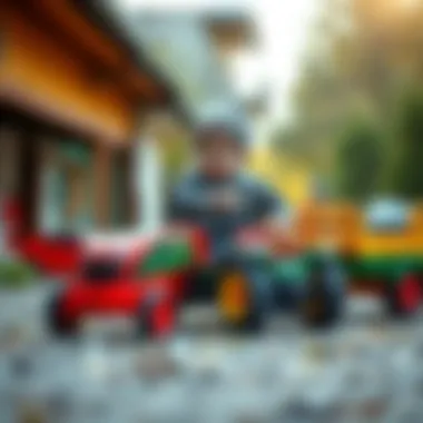 Child playing with a battery-operated tractor and trailer