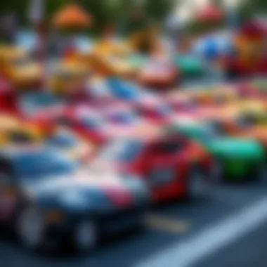 Colorful toy cars arranged in a playful manner