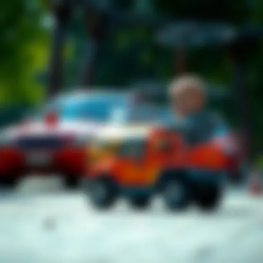 A child playing with a toy car in a park setting