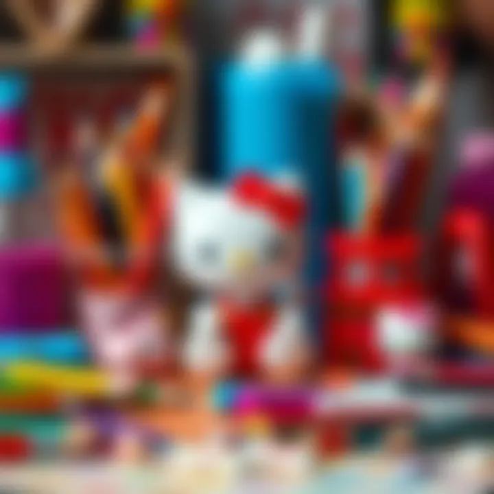 An array of colorful art supplies for Hello Kitty artworks