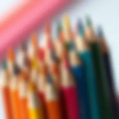 Close-up of assorted colored pencils arranged beautifully