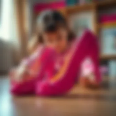 An illustration of a child playing with Barbie shoes, emphasizing creativity and imagination