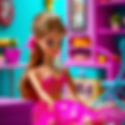 A young girl playing with a Barbie doll in a colorful setting, showcasing imaginative play.