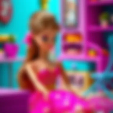 A young girl playing with a Barbie doll in a colorful setting, showcasing imaginative play.
