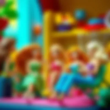 Colorful Barbie characters engaging in imaginative play