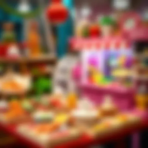 A colorful display of a Barbie market set showcasing various food items and accessories