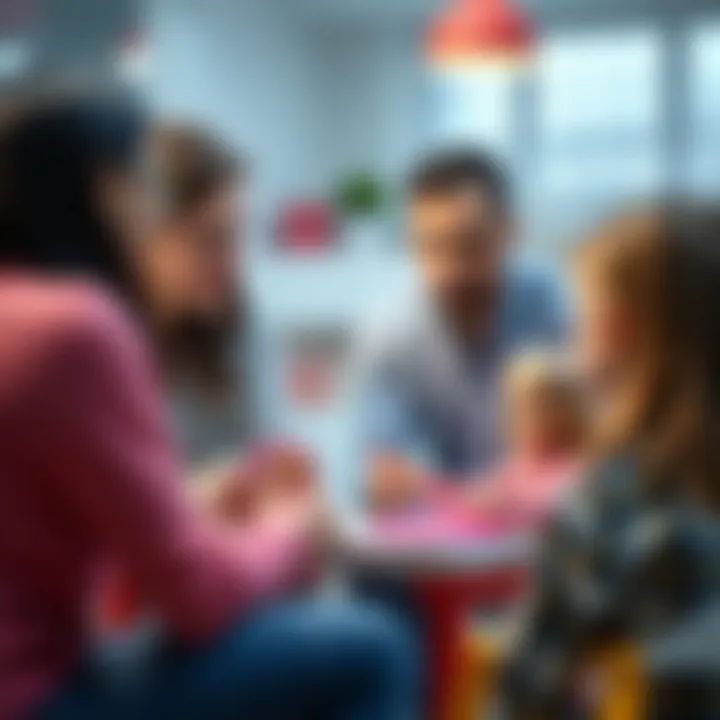 Parents and children discussing the educational benefits of the Barbie shoe set.