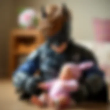 A child playing with a Batman action figure alongside a baby doll, showcasing the blend of heroism and nurturing.