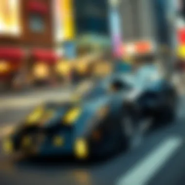 The Iconic Batmobile in Action The Batmobile showcased in a dynamic urban setting