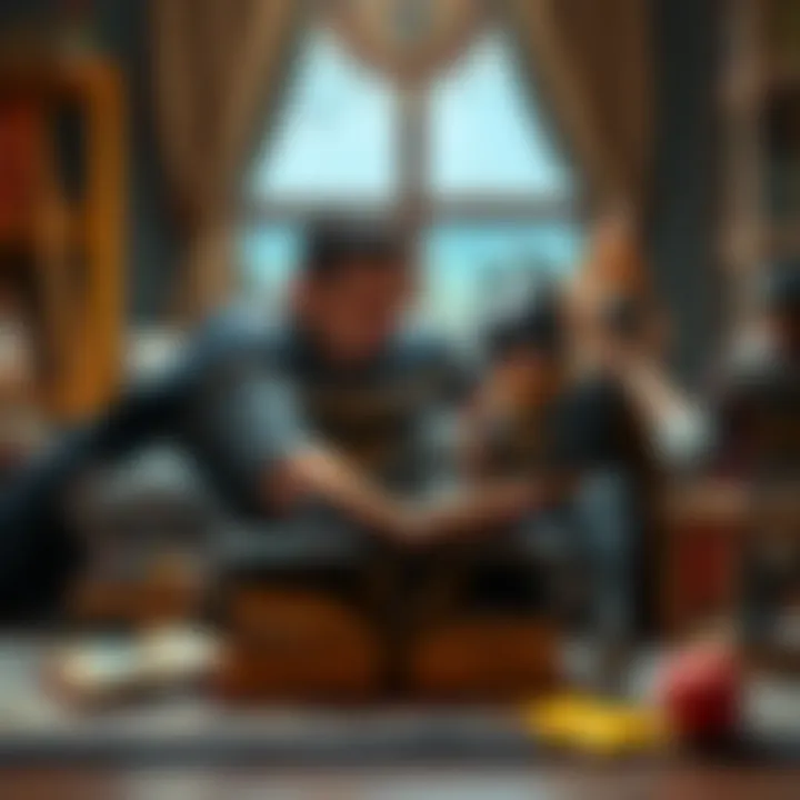 Illustration of a cozy storytelling session with Batman-themed books surrounding a parent and child.