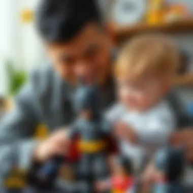 A parent engaging in role-play with their baby, incorporating Batman elements to create a fun learning environment.