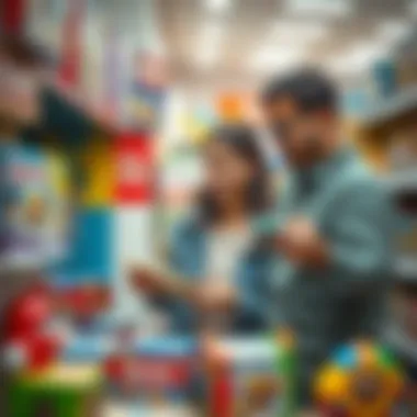 A parent evaluating toys in a store, illustrating shopping strategies.