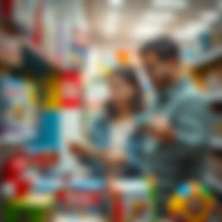 A parent evaluating toys in a store, illustrating shopping strategies.