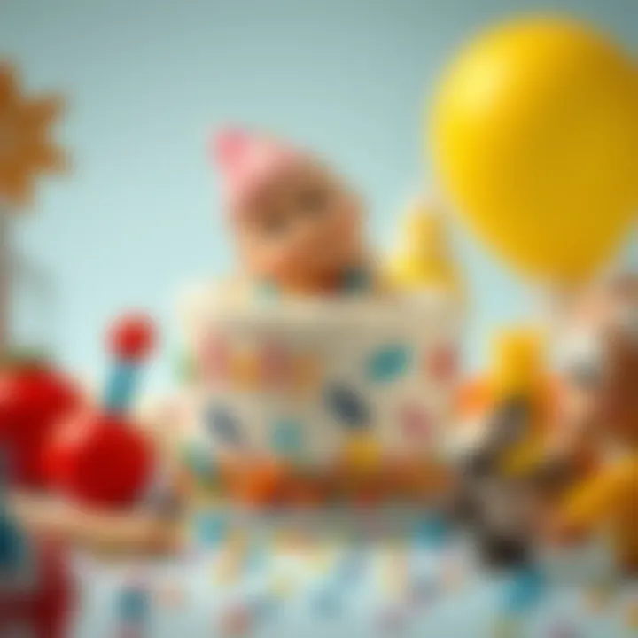 A creative arrangement of playful elements surrounding a baby cake.