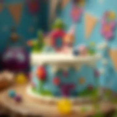 An enchanting cake decorated with whimsical characters and vibrant colors.