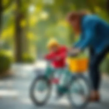 Parents assisting their baby on a bicycle