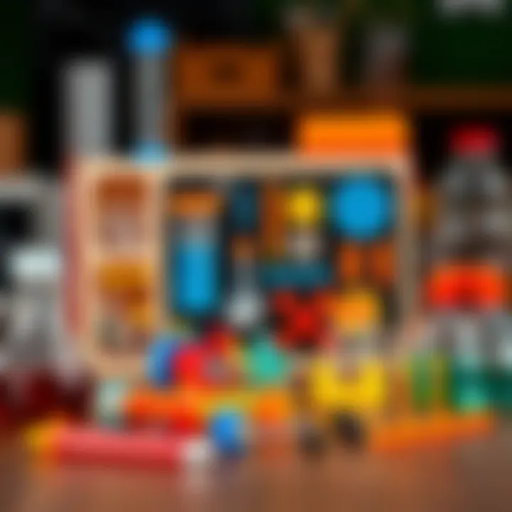 A colorful educational science kit showcasing various scientific tools and experiments.