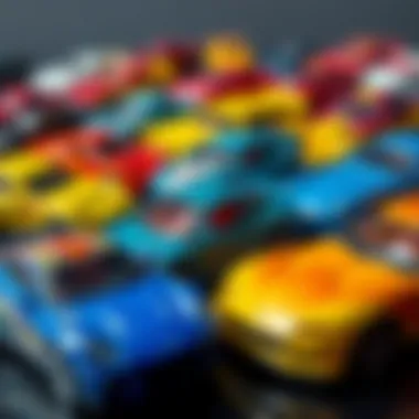Close-up of colorful Hot Wheels cars showcasing design and variety