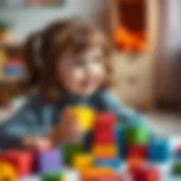 A joyful one-year-old girl playing with colorful blocks.