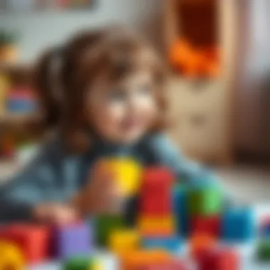 A joyful one-year-old girl playing with colorful blocks.