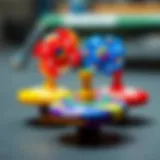 Colorful Byblade spinning tops in a dynamic duel