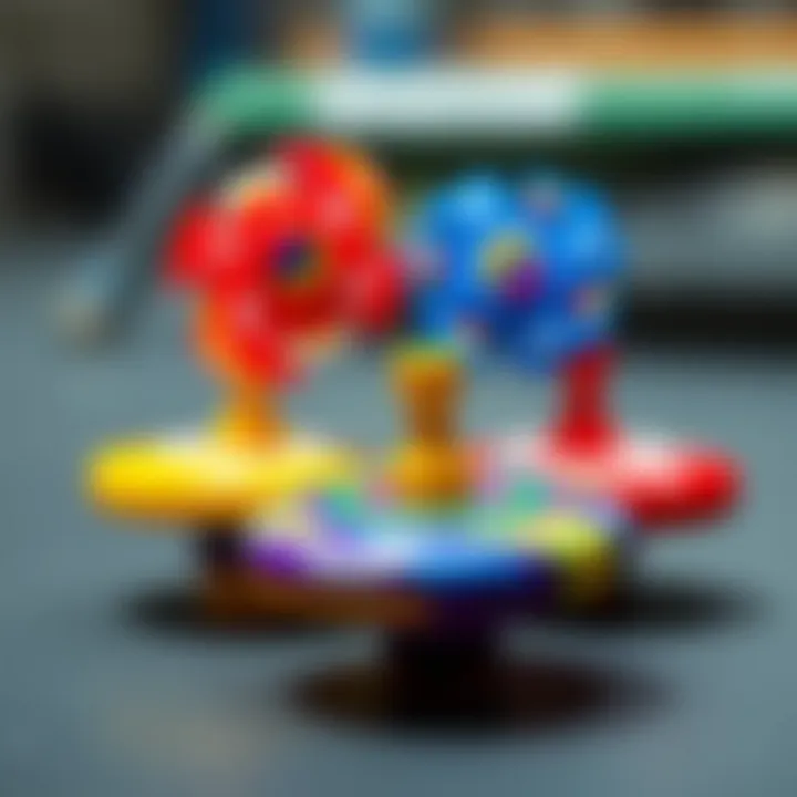 Colorful Byblade spinning tops in a dynamic duel