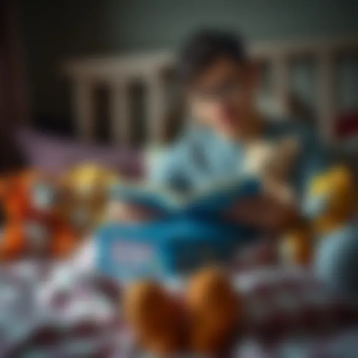 A parent reading a bedtime story with comforting toys around