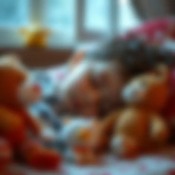 A child peacefully sleeping with soothing toys by their side