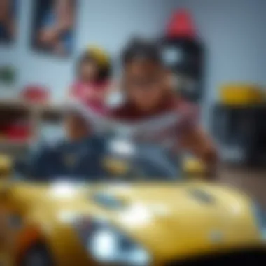 A parent reading a safety guide while examining a toy car