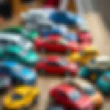 A colorful assortment of children's cars arranged neatly on a table