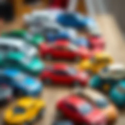 A colorful assortment of children's cars arranged neatly on a table