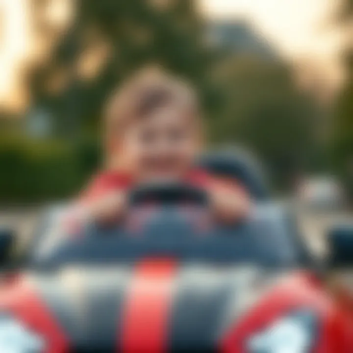 A child driving an electric car with a bright smile.