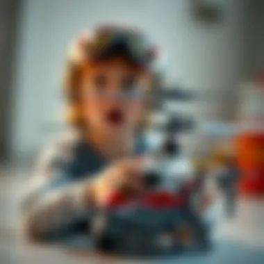 A child operating a remote-controlled helicopter with excitement