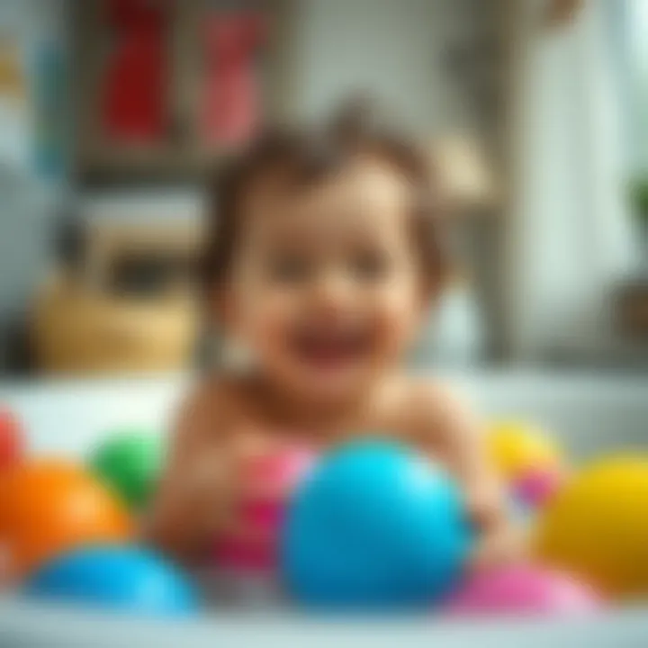 Child playing joyfully with bath balls