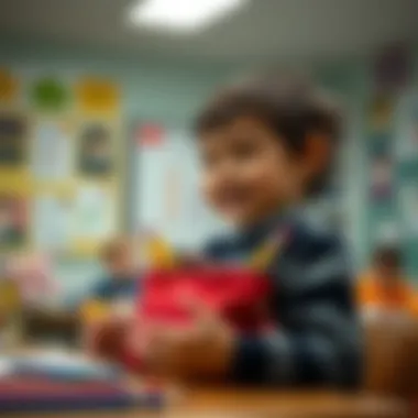 A child happily using a bag-shaped pencil case in a classroom setting.