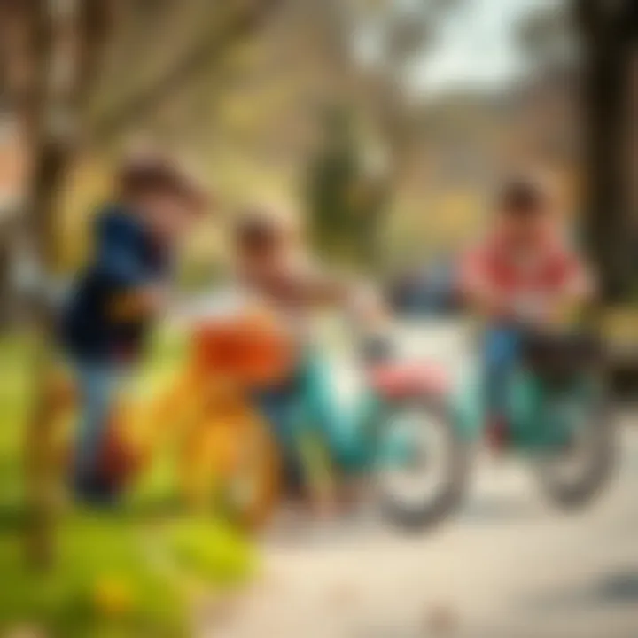 Children interacting with decorative bicycles in a park