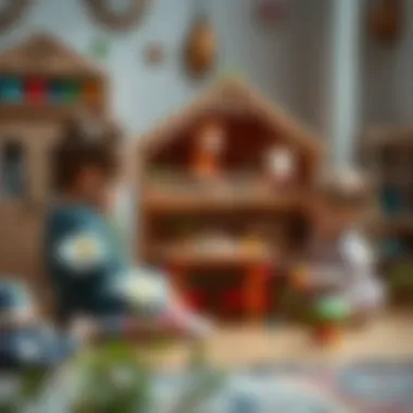 Children engaging in imaginative play with a wooden dollhouse