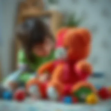 Children engaging in imaginative play with a rainbow teddy bear
