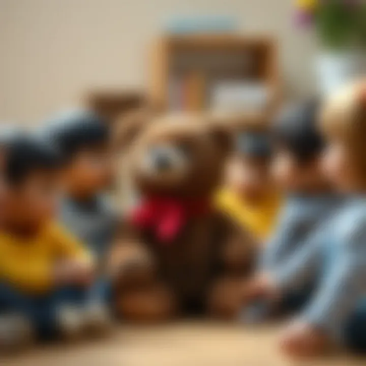 Group of children listening attentively to a talking bear