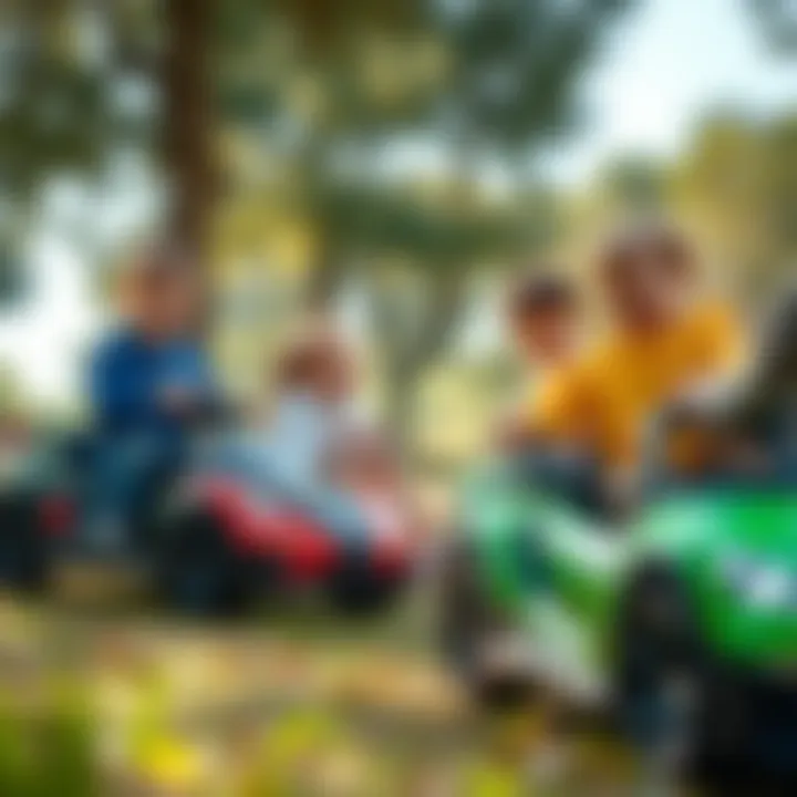A group of children playing together with their electric cars in a park.