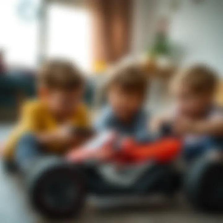 Close-up of a child interacting with friends while playing with a remote-controlled car