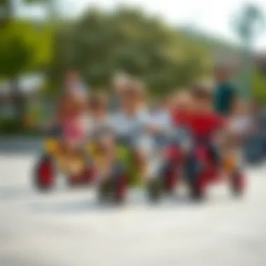 A group of children playing together with tricycles, highlighting social interaction.
