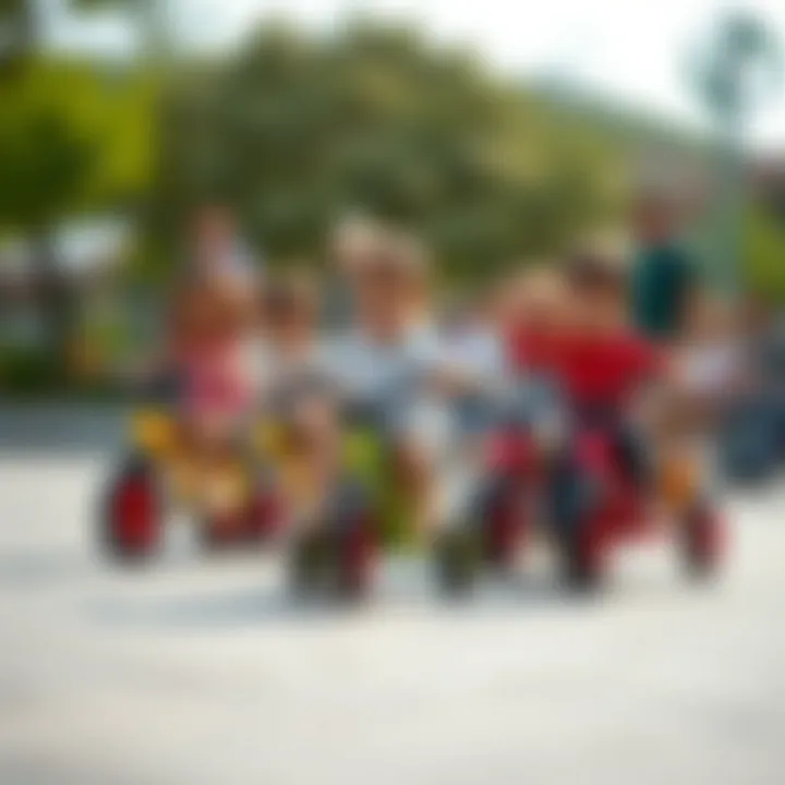 A group of children playing together with tricycles, highlighting social interaction.