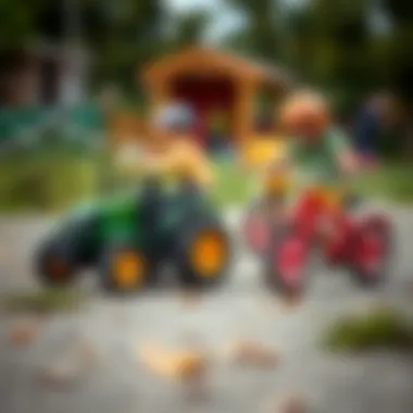 An engaging outdoor scene with children playing with toy tractors and bicycles