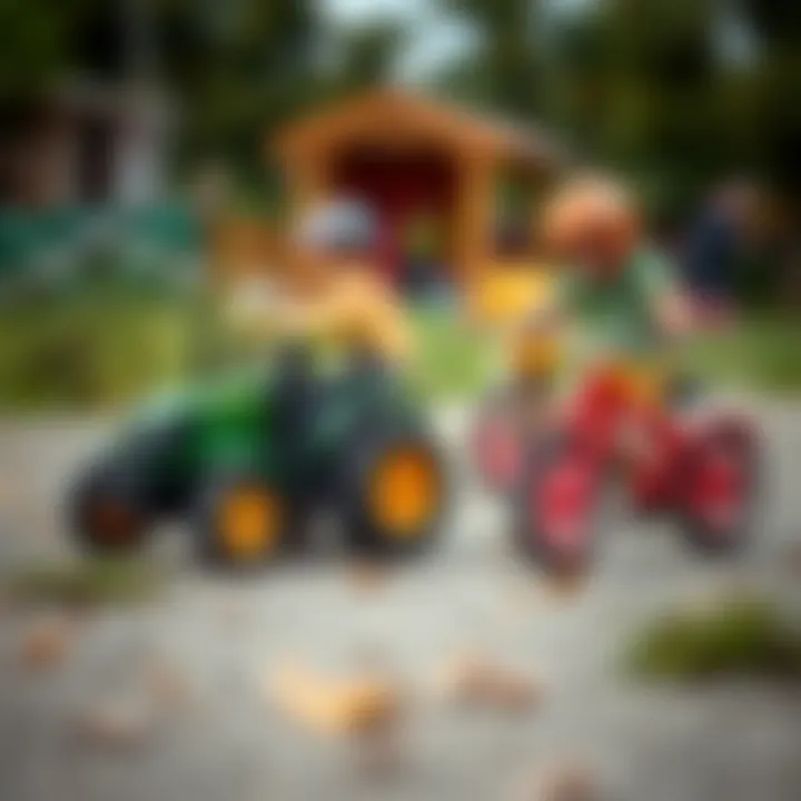 An engaging outdoor scene with children playing with toy tractors and bicycles