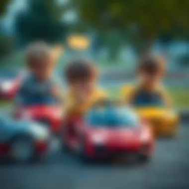 Children engaging in social play with electric cars